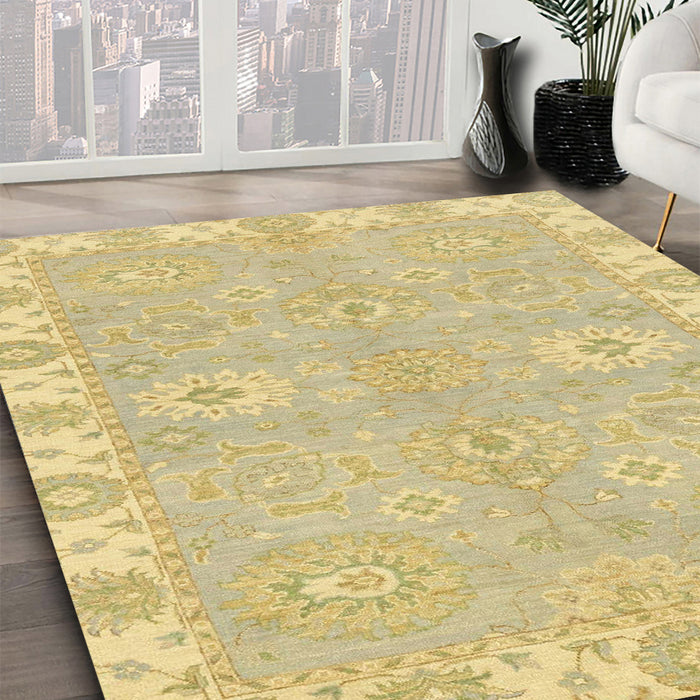 Abstract Chrome Gold Yellow Oriental Rug in Family Room, abs4019