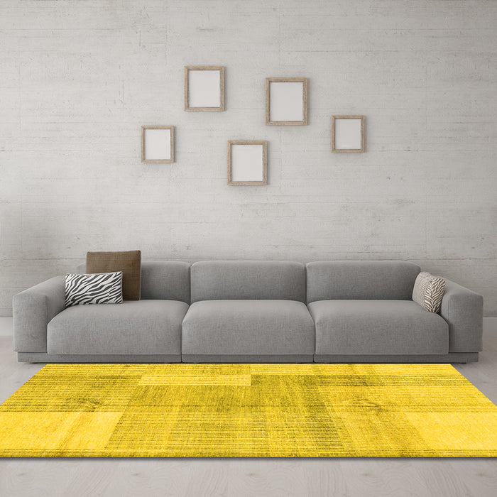 Machine Washable Checkered Yellow Modern Rug in a Living Room, wshabs4025yw