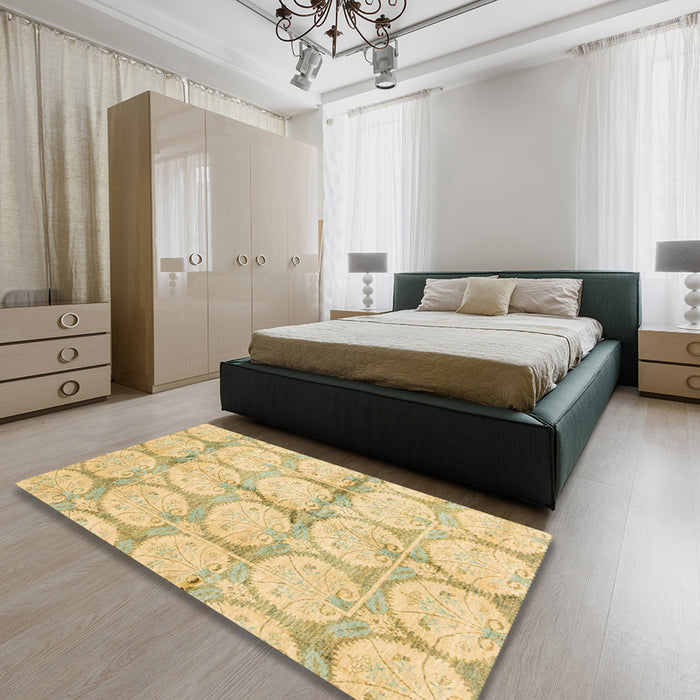 Abstract Gold Oriental Rug in a Bedroom, abs4026