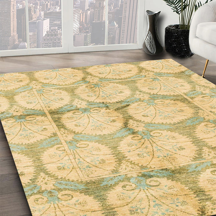 Abstract Gold Oriental Rug in Family Room, abs4026