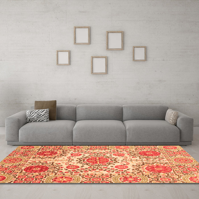 Machine Washable Abstract Orange Modern Area Rugs in a Living Room, wshabs4028org