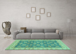 Machine Washable Oriental Turquoise Traditional Area Rugs in a Living Room,, wshabs4030turq