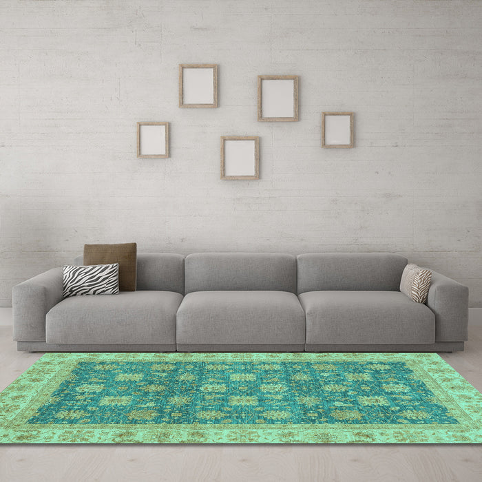 Machine Washable Oriental Turquoise Traditional Area Rugs in a Living Room,, wshabs4030turq