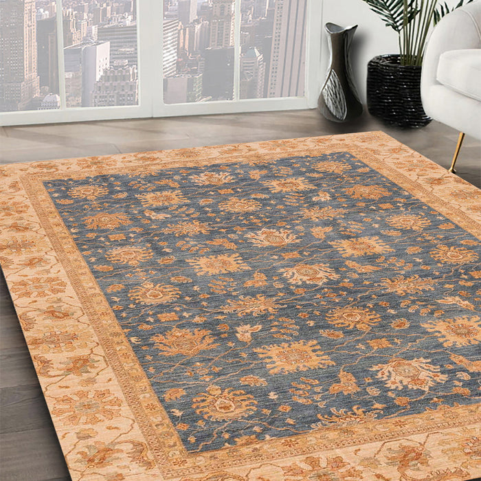 Abstract Dark Gold Brown Oriental Rug in Family Room, abs4030