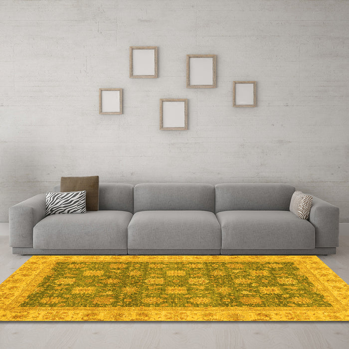 Machine Washable Oriental Yellow Traditional Rug in a Living Room, wshabs4030yw
