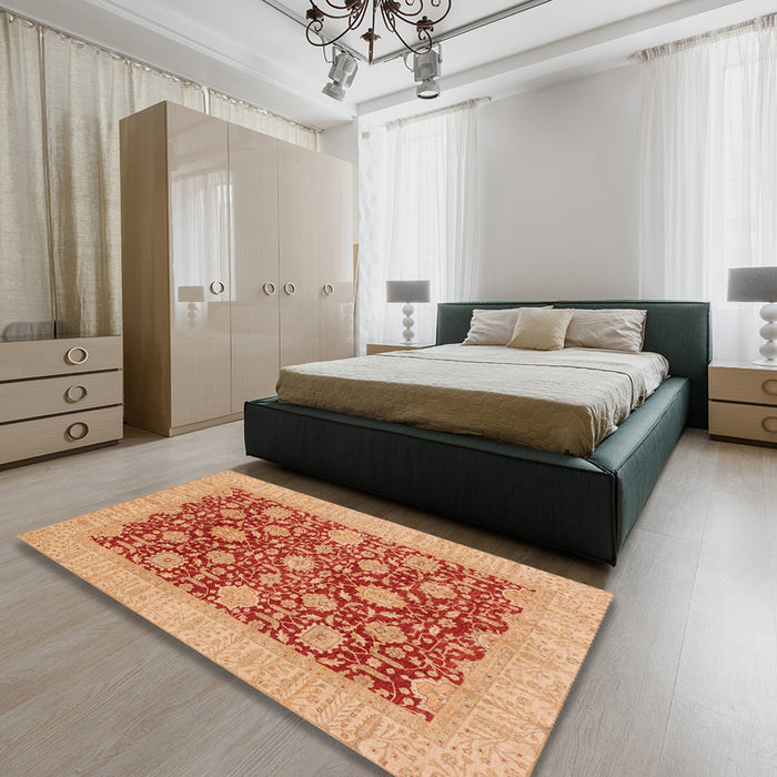 Abstract Orange Red Oriental Rug in a Bedroom, abs4031