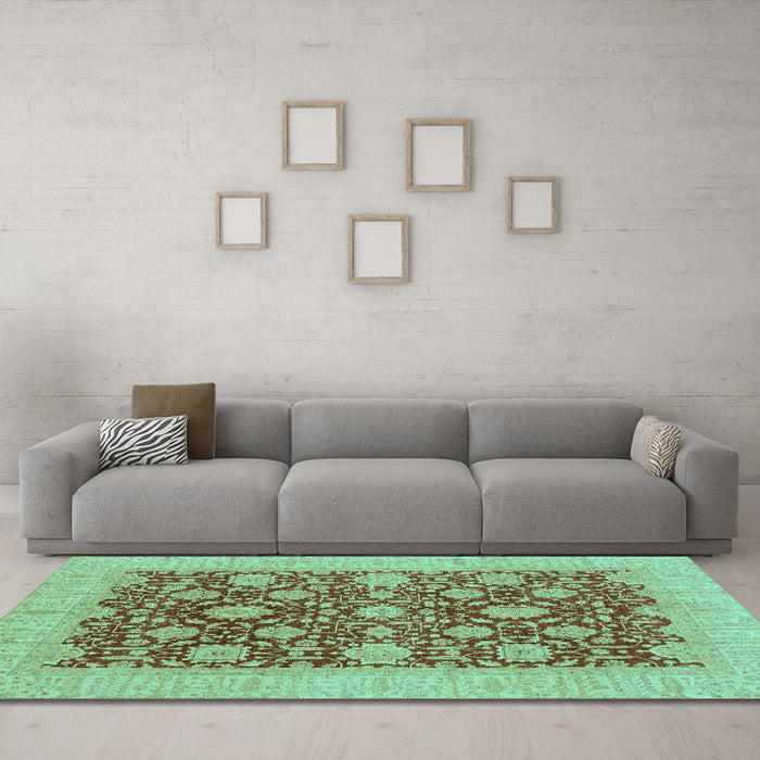 Machine Washable Oriental Turquoise Traditional Area Rugs in a Living Room,, wshabs4031turq