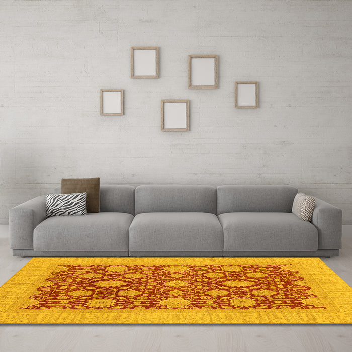 Machine Washable Oriental Yellow Traditional Rug in a Living Room, wshabs4031yw