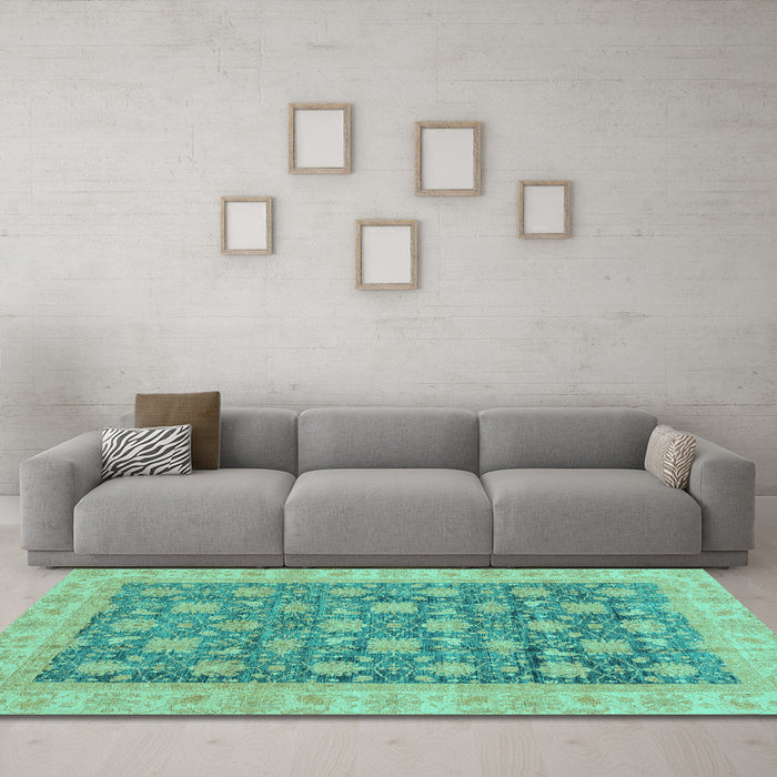 Machine Washable Oriental Turquoise Modern Area Rugs in a Living Room,, wshabs4032turq