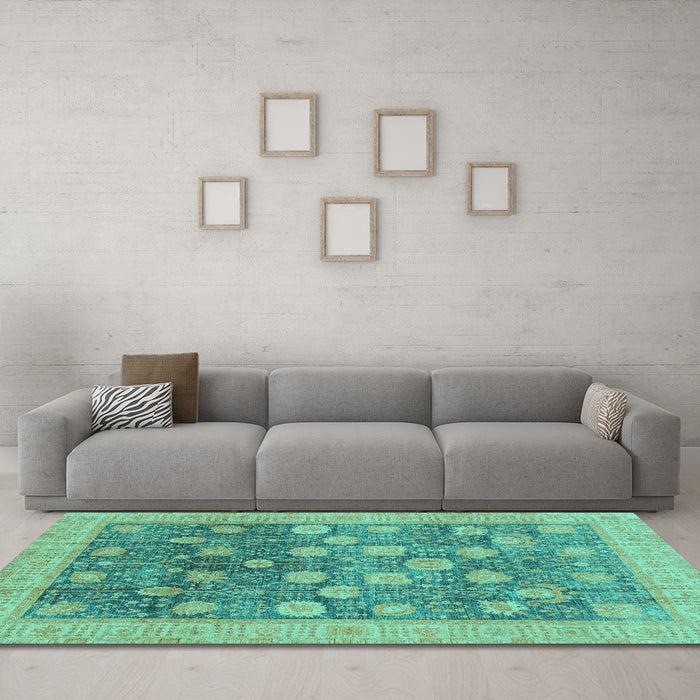 Machine Washable Oriental Turquoise Modern Area Rugs in a Living Room,, wshabs4033turq