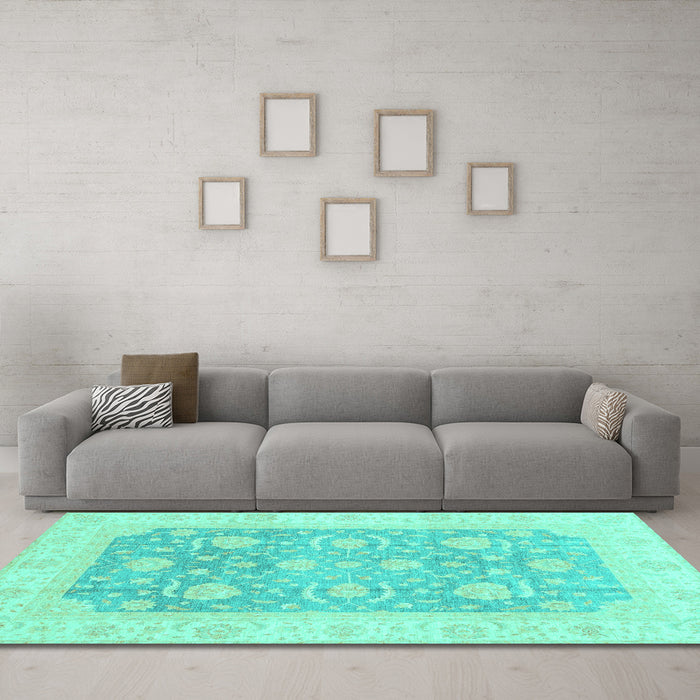 Machine Washable Oriental Turquoise Modern Area Rugs in a Living Room,, wshabs4035turq
