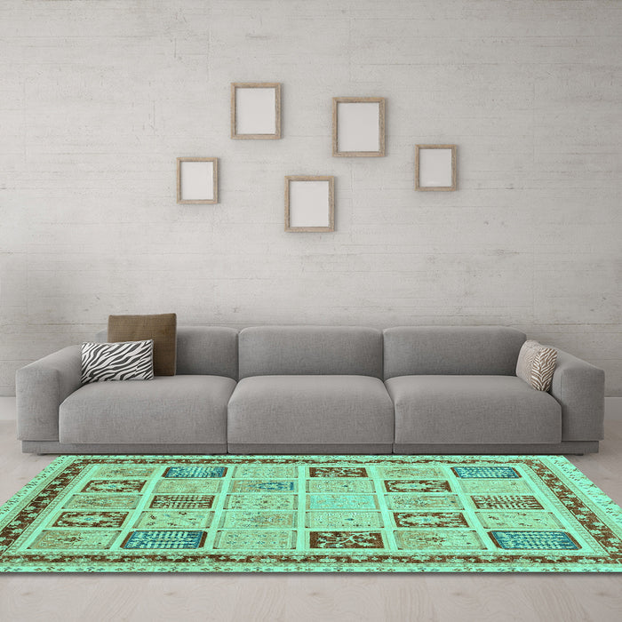 Machine Washable Oriental Turquoise Modern Area Rugs in a Living Room,, wshabs4038turq