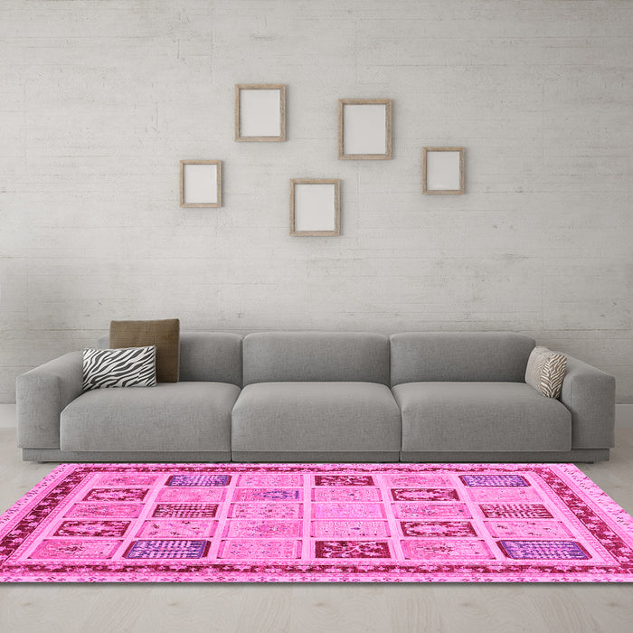 Machine Washable Oriental Pink Modern Rug in a Living Room, wshabs4038pnk