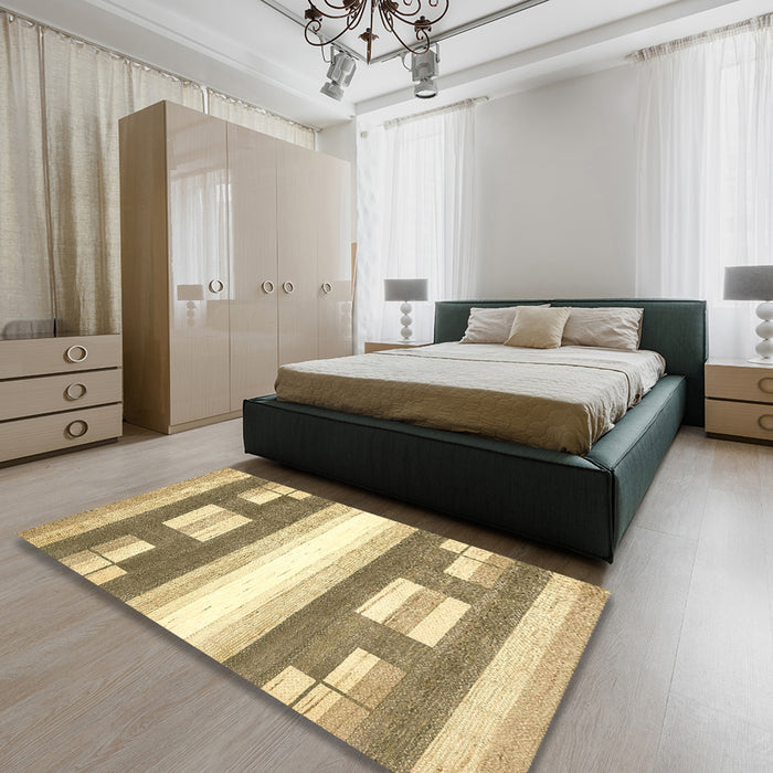 Abstract Mustard Yellow Modern Rug in a Bedroom, abs403