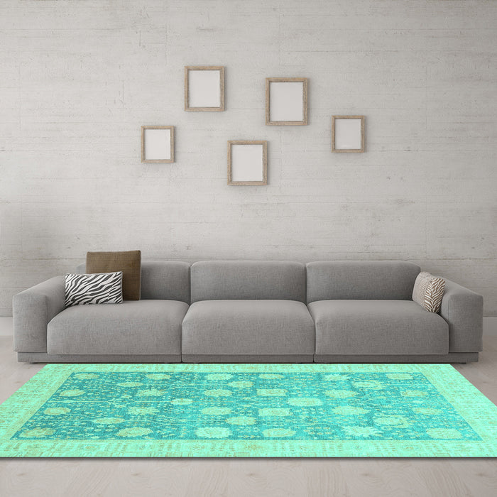 Machine Washable Oriental Turquoise Modern Area Rugs in a Living Room,, wshabs4041turq