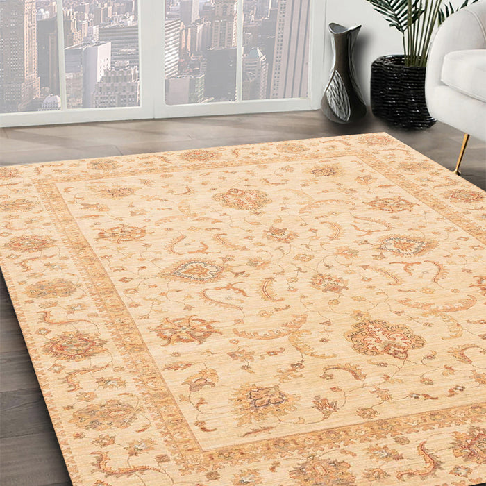 Abstract Brown Gold Oriental Rug in Family Room, abs4042