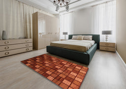 Abstract Orange Red Oriental Rug in a Bedroom, abs4045