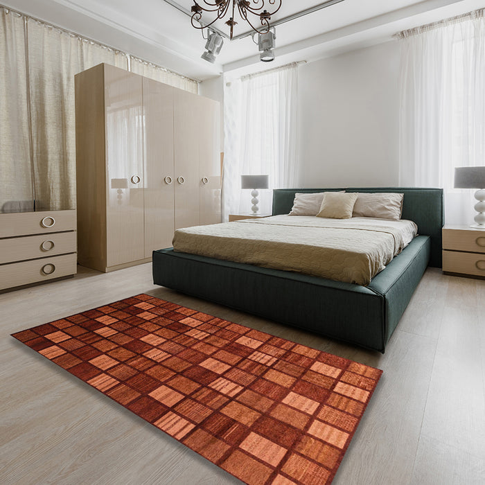 Abstract Orange Red Oriental Rug in a Bedroom, abs4045