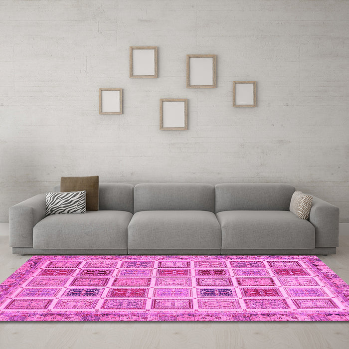 Machine Washable Oriental Pink Modern Rug in a Living Room, wshabs4047pnk