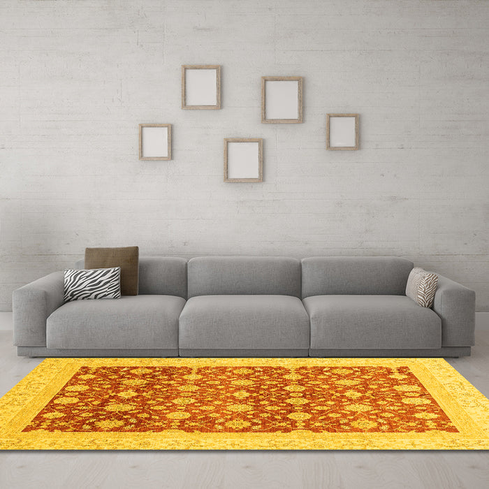 Machine Washable Oriental Yellow Modern Rug in a Living Room, wshabs4050yw