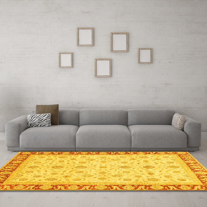 Machine Washable Oriental Yellow Modern Rug in a Living Room, wshabs4051yw