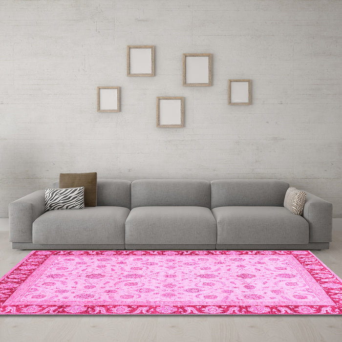 Machine Washable Oriental Pink Modern Rug in a Living Room, wshabs4051pnk