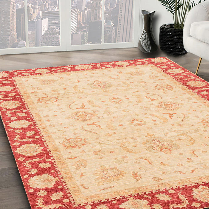 Abstract Brown Gold Oriental Rug in Family Room, abs4052