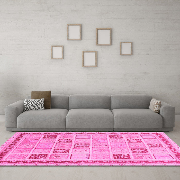 Machine Washable Oriental Pink Modern Rug in a Living Room, wshabs4053pnk