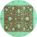 Round Machine Washable Oriental Turquoise Traditional Area Rugs, wshabs4056turq