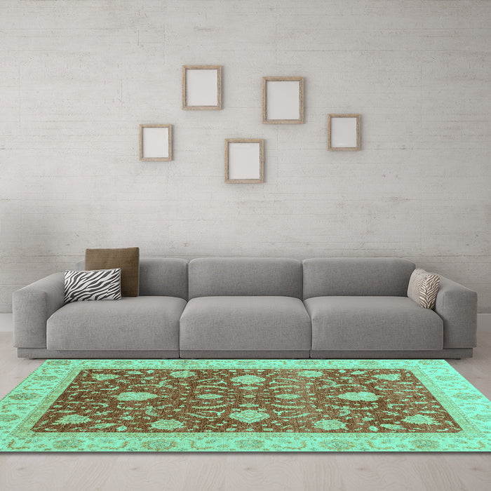 Machine Washable Oriental Turquoise Traditional Area Rugs in a Living Room,, wshabs4056turq