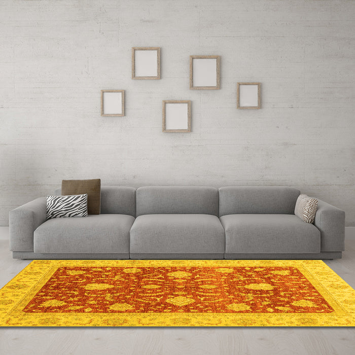 Machine Washable Oriental Yellow Traditional Rug in a Living Room, wshabs4056yw