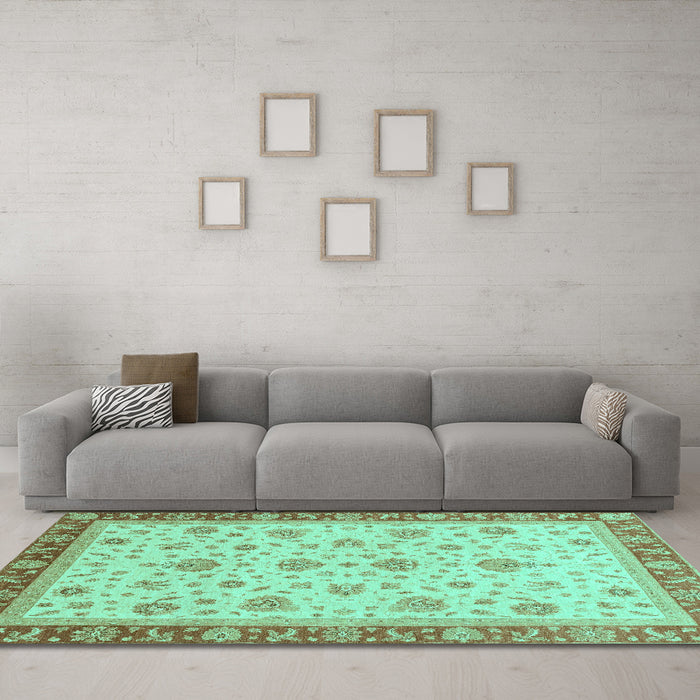 Machine Washable Oriental Turquoise Traditional Area Rugs in a Living Room,, wshabs4057turq