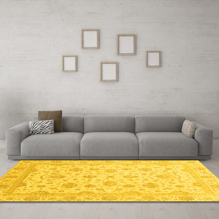 Machine Washable Oriental Yellow Traditional Rug in a Living Room, wshabs4058yw