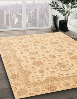 Abstract Brown Gold Oriental Rug in Family Room, abs4058