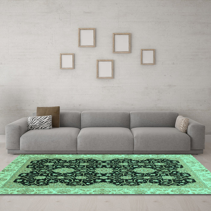 Machine Washable Oriental Turquoise Traditional Area Rugs in a Living Room,, wshabs4060turq