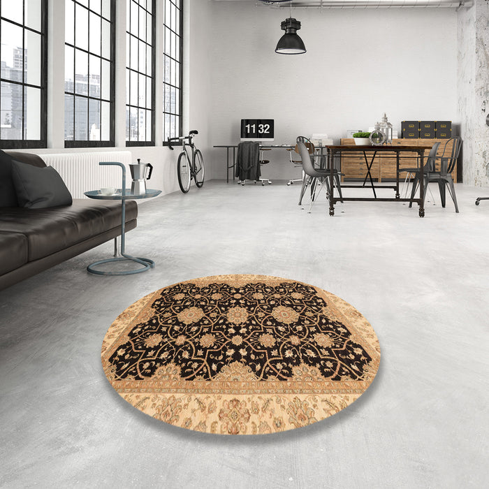 Round Machine Washable Abstract Sangria Brown Rug in a Office, wshabs4060