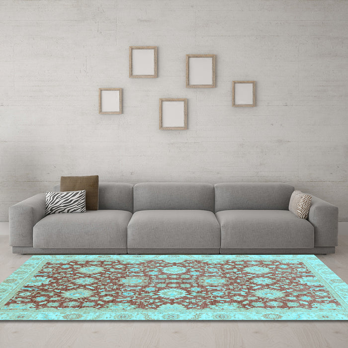 Machine Washable Oriental Light Blue Traditional Rug in a Living Room, wshabs4061lblu
