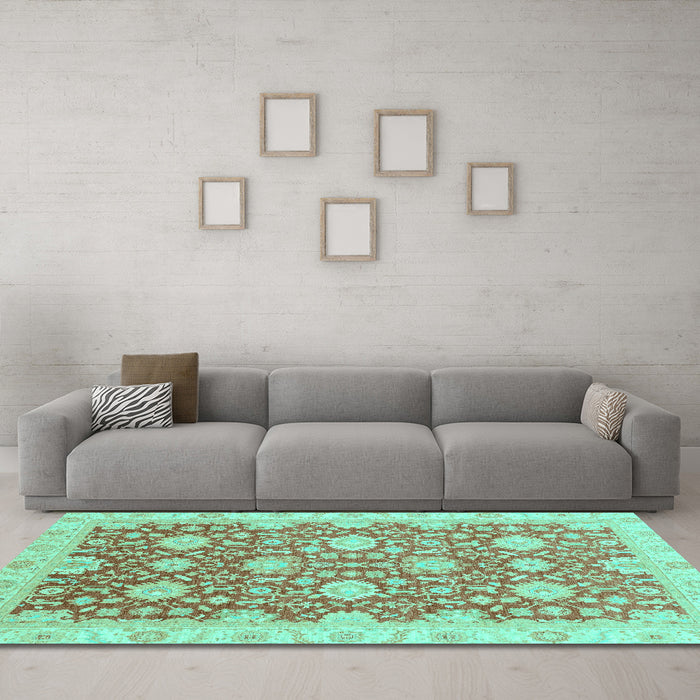 Machine Washable Oriental Turquoise Traditional Area Rugs in a Living Room,, wshabs4061turq