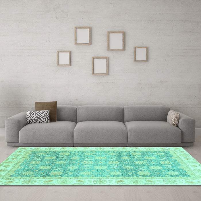 Machine Washable Oriental Turquoise Traditional Area Rugs in a Living Room,, wshabs4062turq