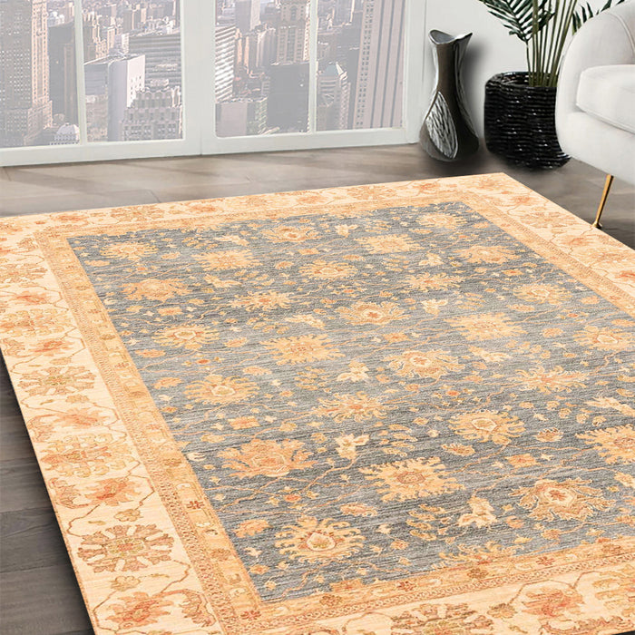 Abstract Brown Gold Oriental Rug in Family Room, abs4062