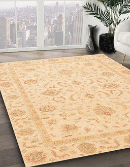 Abstract Brown Gold Oriental Rug in Family Room, abs4063