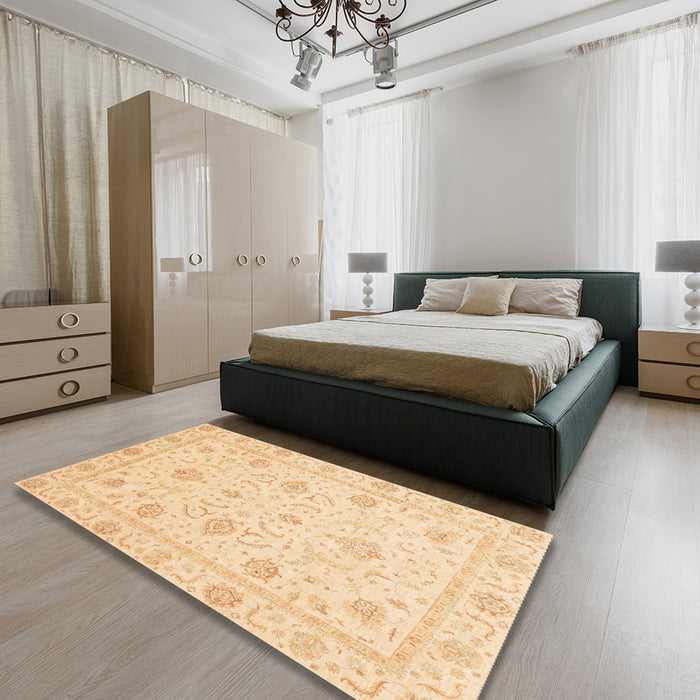 Abstract Brown Gold Oriental Rug in a Bedroom, abs4063