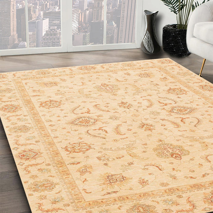 Abstract Brown Gold Oriental Rug in Family Room, abs4063