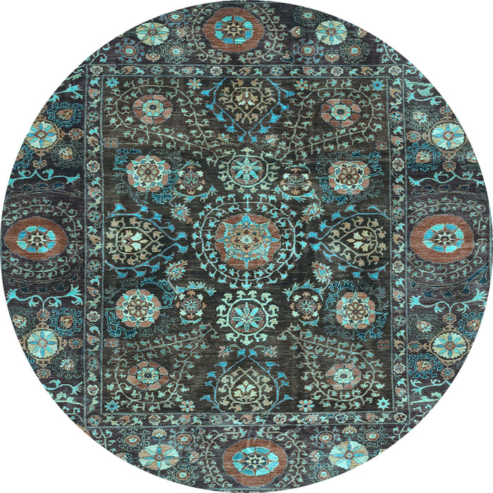 Round Machine Washable Oriental Light Blue Traditional Rug, wshabs4066lblu