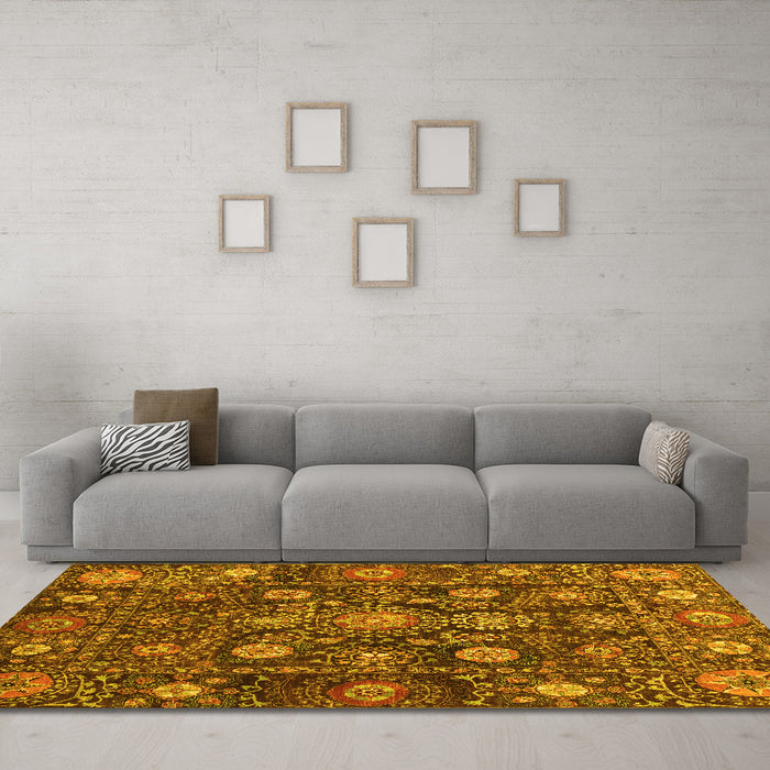 Machine Washable Oriental Yellow Traditional Rug in a Living Room, wshabs4066yw