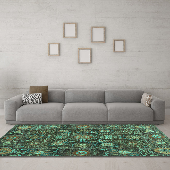 Machine Washable Oriental Turquoise Traditional Area Rugs in a Living Room,, wshabs4066turq