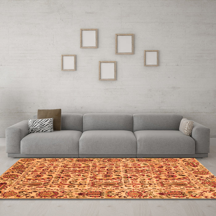 Machine Washable Abstract Orange Modern Area Rugs in a Living Room, wshabs4068org