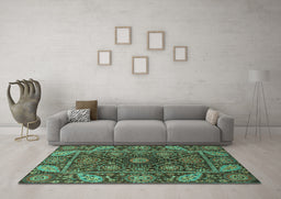 Machine Washable Oriental Turquoise Traditional Area Rugs in a Living Room,, wshabs4069turq