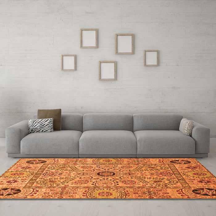 Machine Washable Abstract Orange Modern Area Rugs in a Living Room, wshabs4070org
