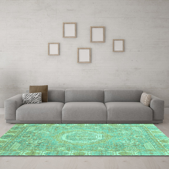 Machine Washable Oriental Turquoise Traditional Area Rugs in a Living Room,, wshabs4071turq